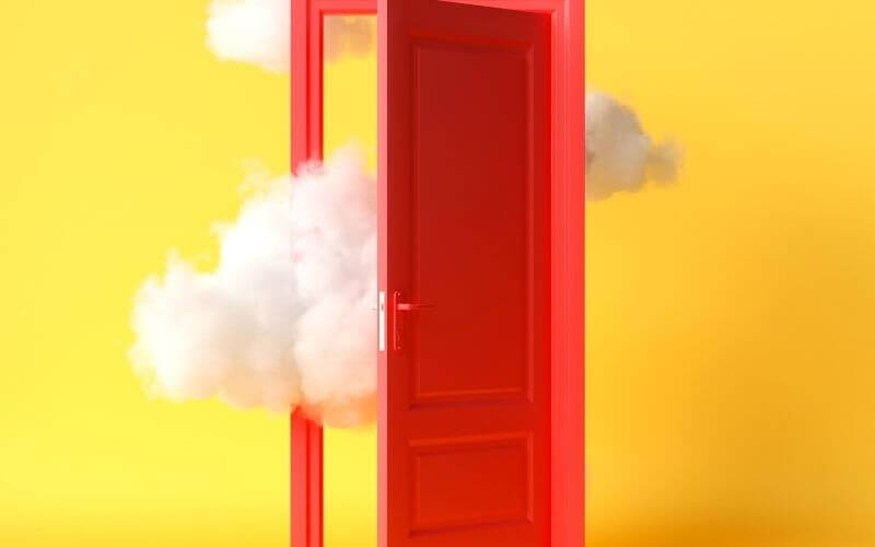 3d render, white fluffy clouds going through, flying out, open red door, 