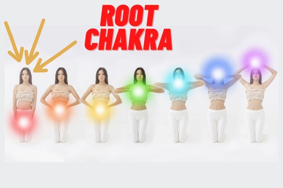 Women meditation and colored chakra light over her body with a big flash on root chakra