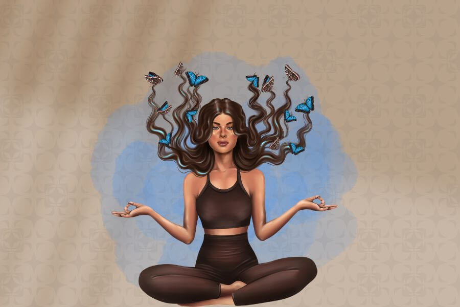 A beautiful young cartoon lady doing meditation while some butterflies taking her hair