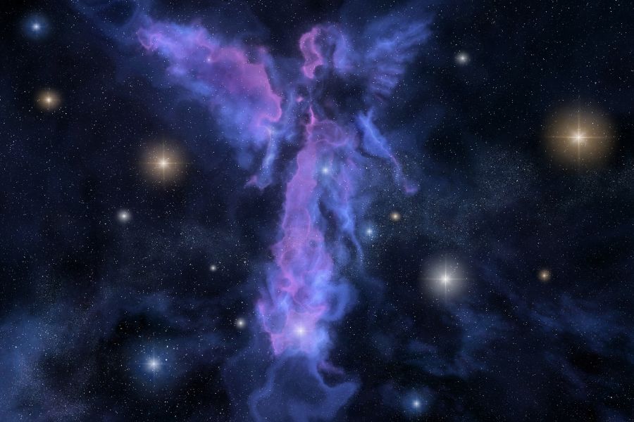 A cosmic angel figure among stars