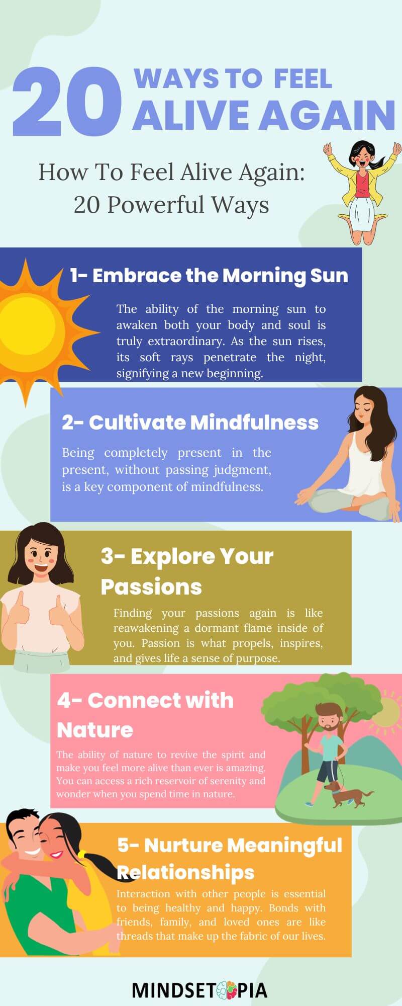 An infographic that shows 5 ways to Feel Alive Again