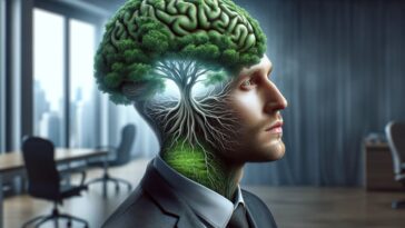 An employer with a green and growing brain like a tree representing a growth mindset and mindset is everything