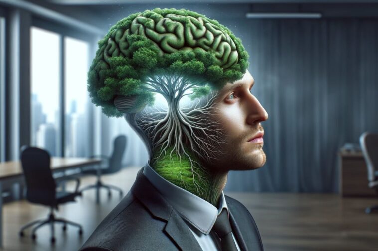 An employer with a green and growing brain like a tree representing a growth mindset and mindset is everything
