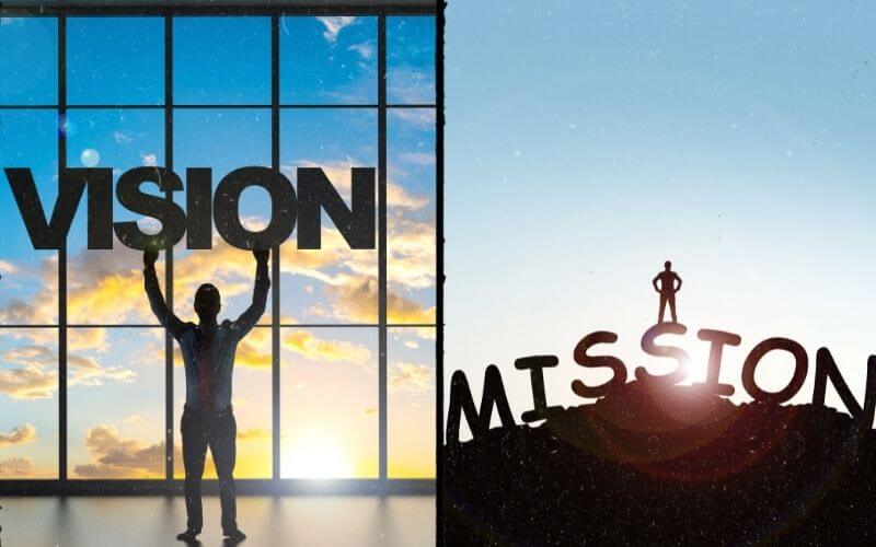 Image of a businessman holding the word Vision and Mission at sunset