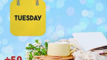 50 Tuesday affirmations with a peaceful tea and blue background