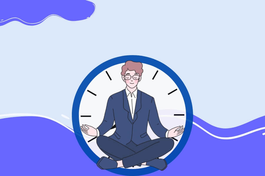A cartoon employee is doing mediation and waiting