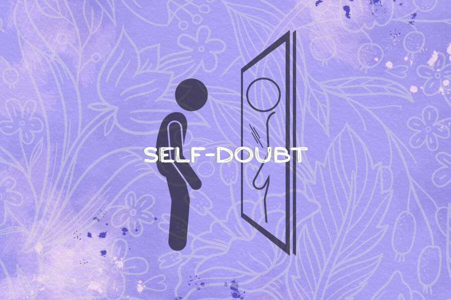A cartoon character looking into mirror with self doubt